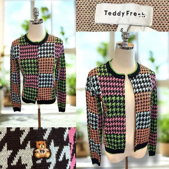 Teddy Fresh Houndstooth Cardigan Sweater Neon Colorblock Cotton H3H3 Size S - Picture 1 of 15